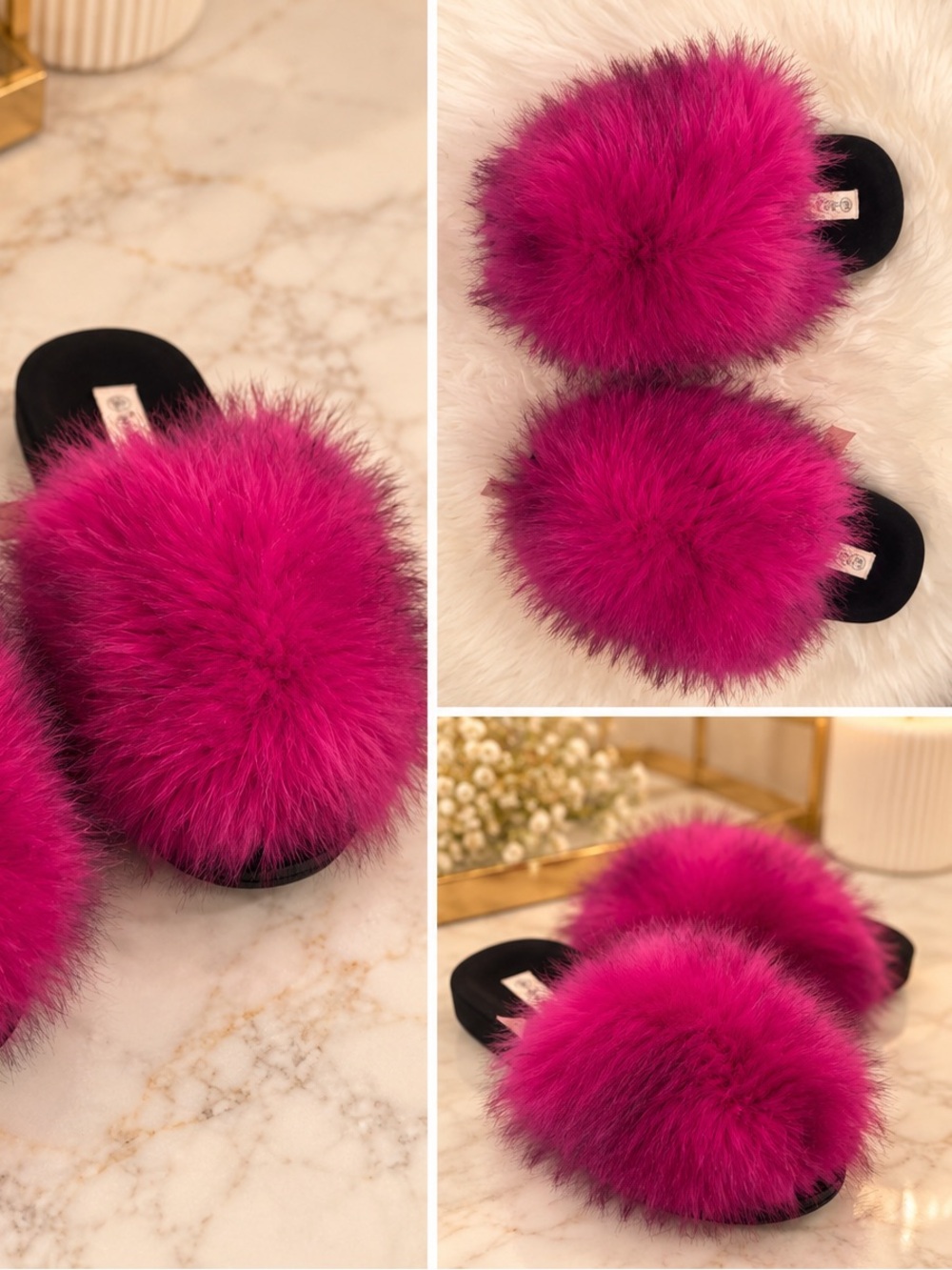 Plush Fuchsia Fur Slide Slippers - Women